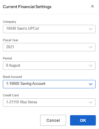 Current Financial Settings window with Bank Account drop-down and OK button