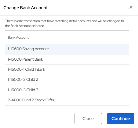 Change Bank Account window with destination bank account selected and Continue button