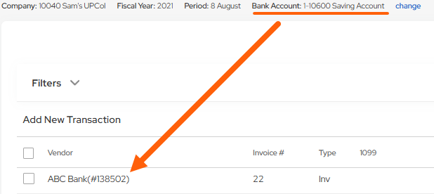 Unposted Transactions grid showing the invoice in the destination bank account