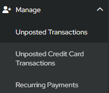 Accounts Payable menu with Manage and Unposted Transactions selected